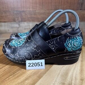 Spring Step L'Artiste Clogs Womens 40 Black Green Elkayjay Floral Leather Mules